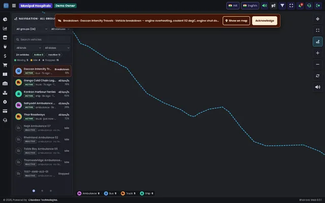 Fleet dashboard with a breakdown banner