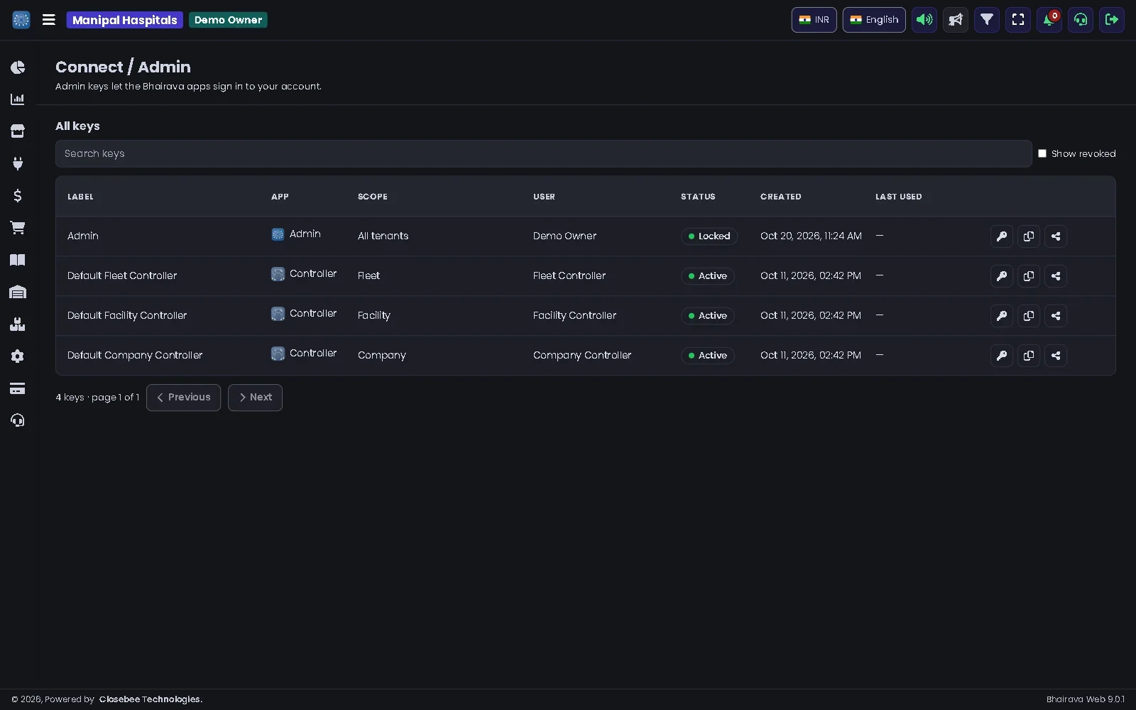 Connect Admin keys list