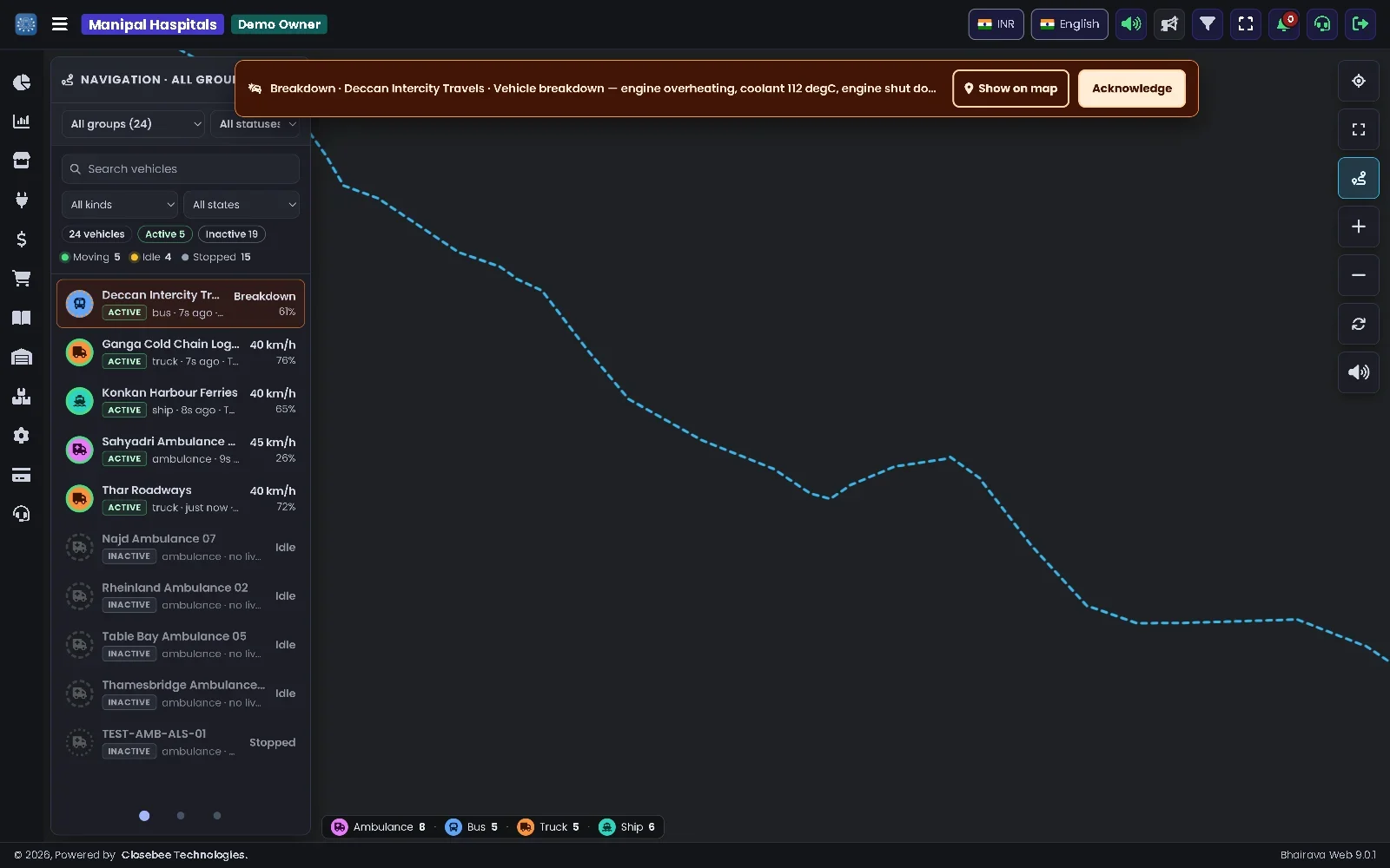 Fleet dashboard with a breakdown banner